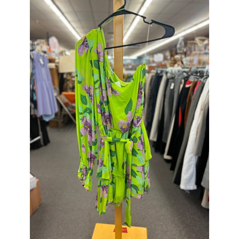 🛍️ BTFL-Life Womens Green Floral One-Shoulder Dress With Belted Waist & Ruffle